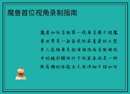 魔兽首位视角录制指南